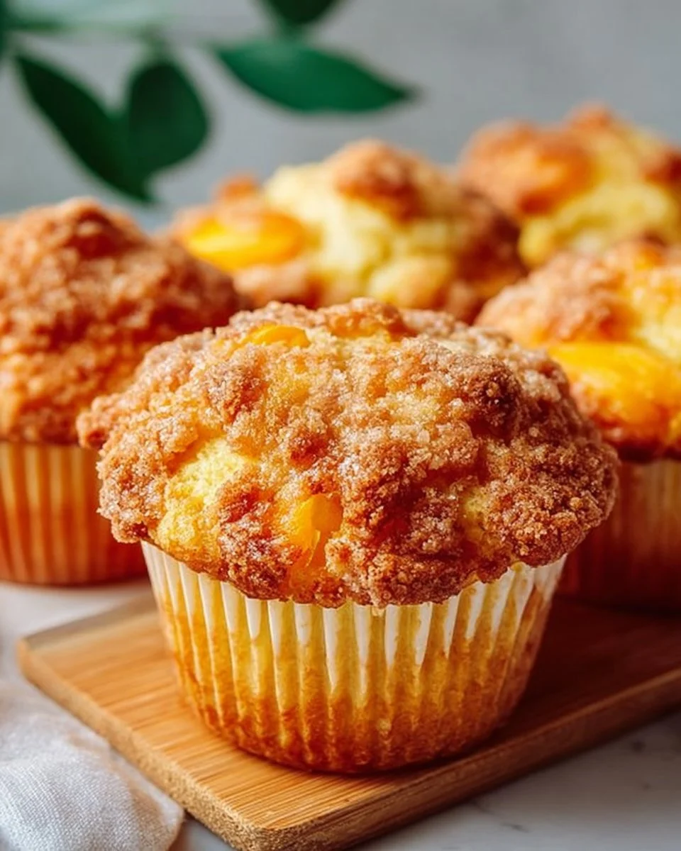 Freshly baked homemade peach cobbler muffins with juicy peaches