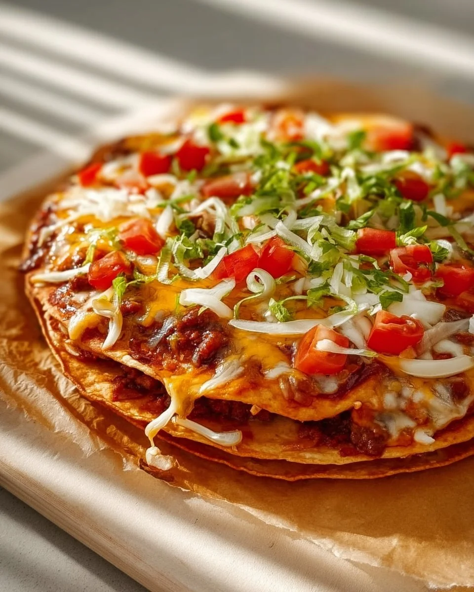 Homemade Taco Bell Mexican pizza topped with cheese, beans, and fresh ingredients.