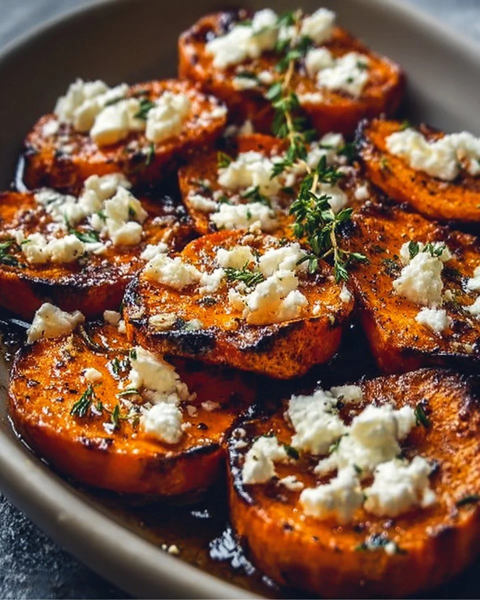 Honey Feta Sweet Potato Rounds topped with honey and feta cheese.