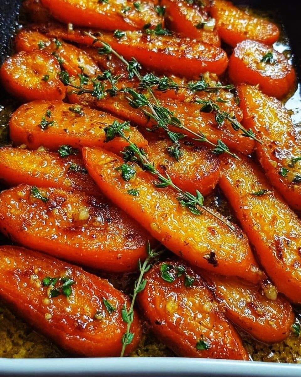 Honey Garlic Butter Roasted Carrots served in a dish