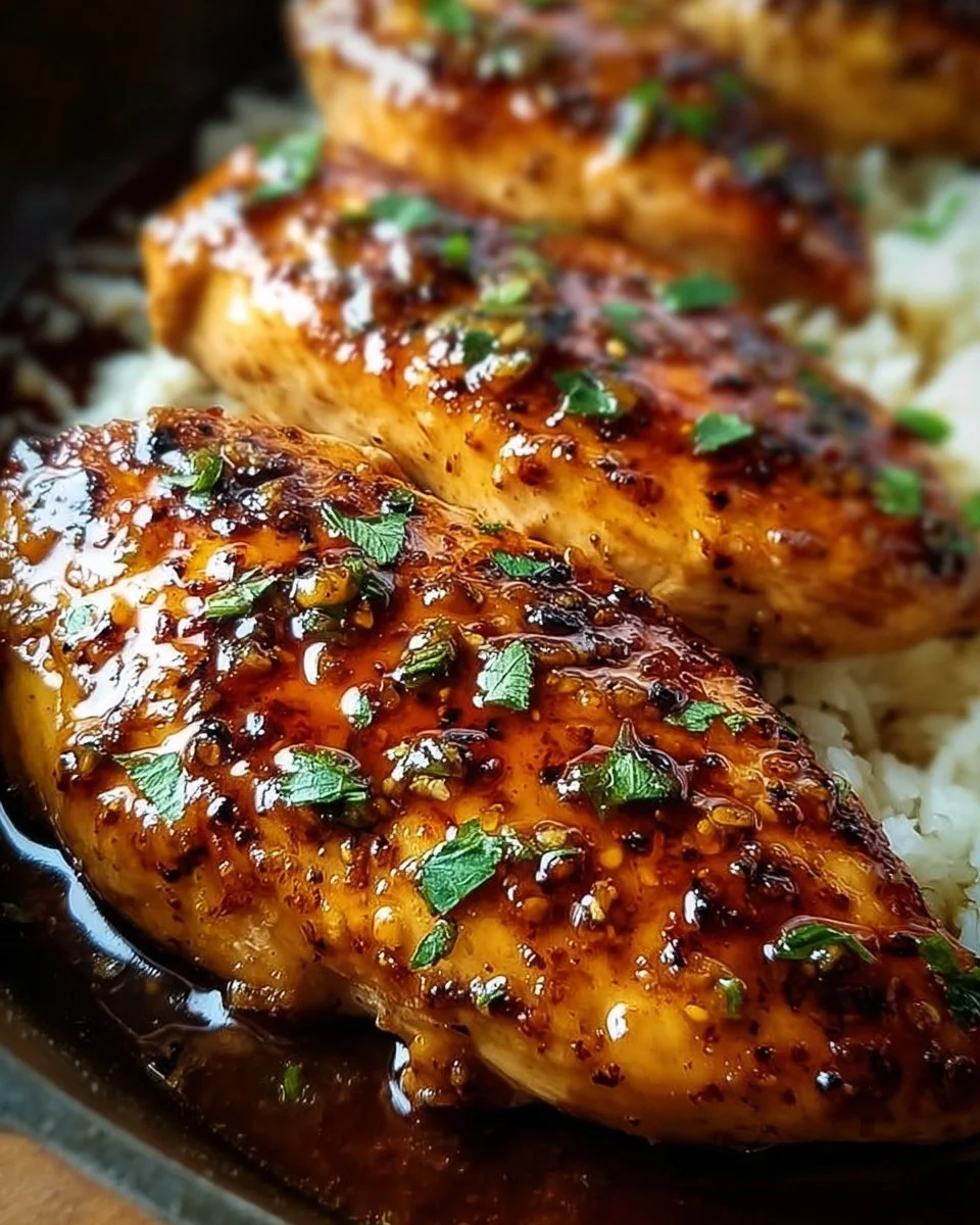 Honey garlic chicken breasts plated with fresh herbs and garlic cloves