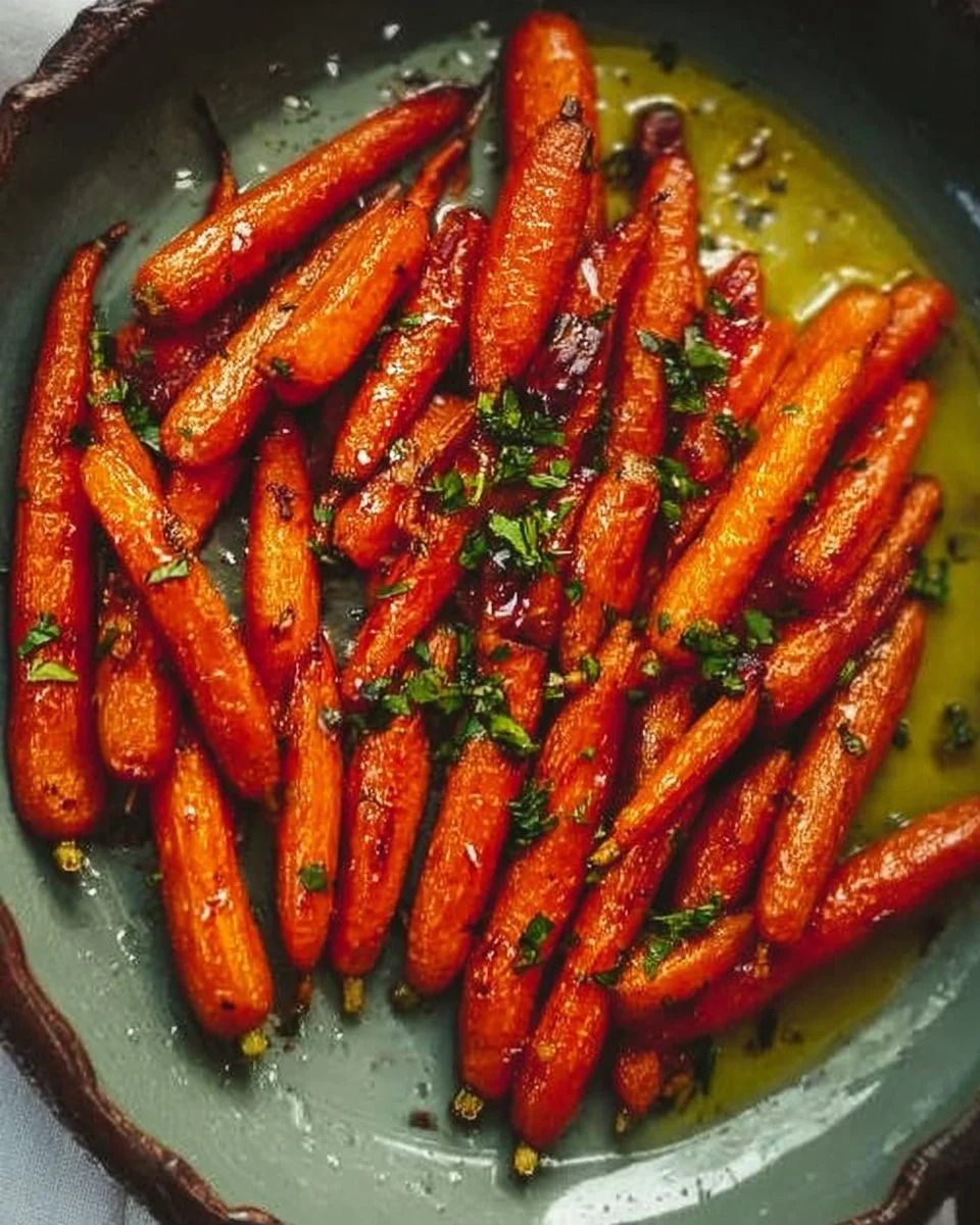 Plate of honey roasted carrots garnished with herbs