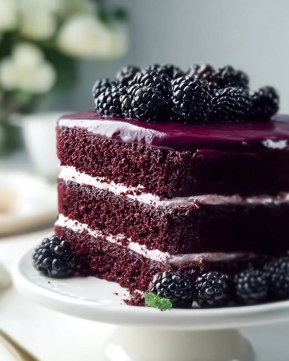 Irresistible Blackberry Velvet Cake with lush frosting and fresh blackberries