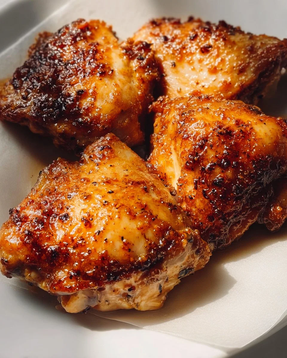 Juicy baked boneless chicken thighs served on a plate with vegetables