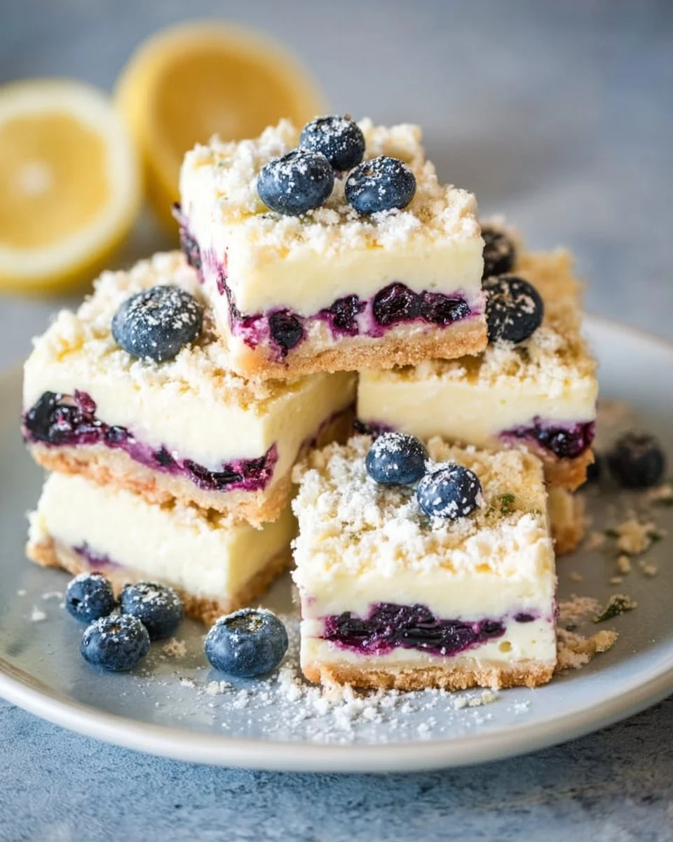 Keto Blueberry Lemon Cheesecake Bars topped with fresh blueberries