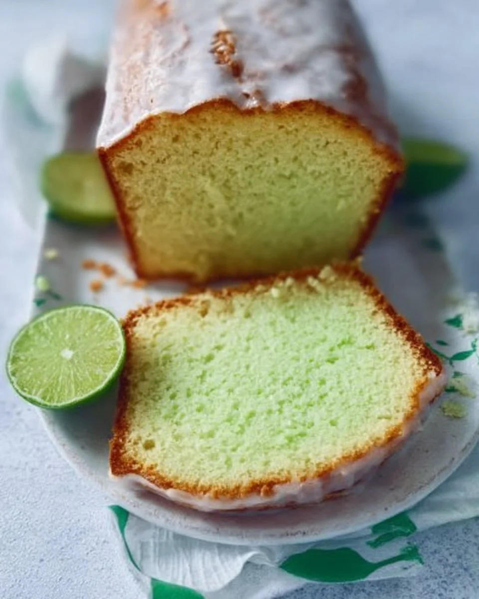 Slice of KEY Lime Pound Cake on a plate adorned with lime slices.