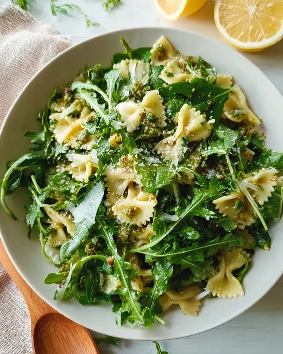 Delicious Lemon Arugula Pasta Salad served in a bowl with fresh ingredients