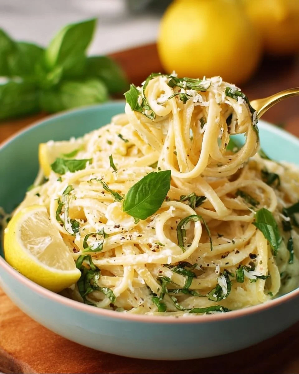 Delicious Lemon Basil Pasta garnished with fresh basil and lemon zest
