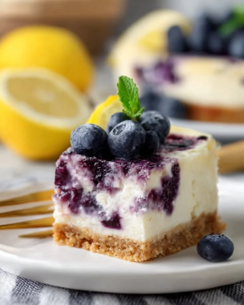 Delicious Lemon Blueberry Cheesecake topped with fresh blueberries and lemon zest