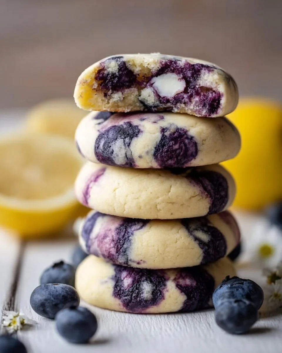 Freshly baked Lemon Blueberry Cheesecake Cookies on a wooden table.