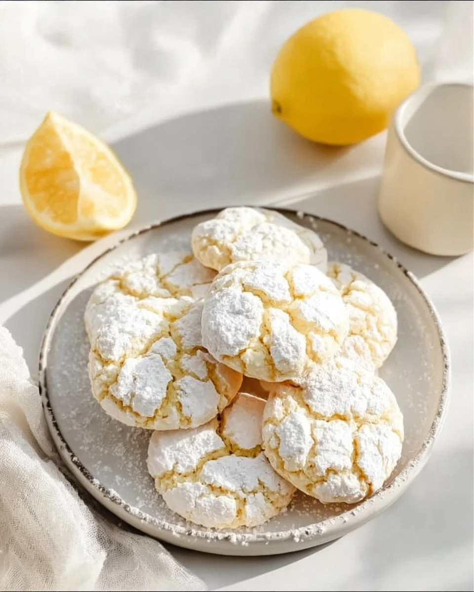 Freshly baked Lemon Crinkle Cookies on a cooling rack