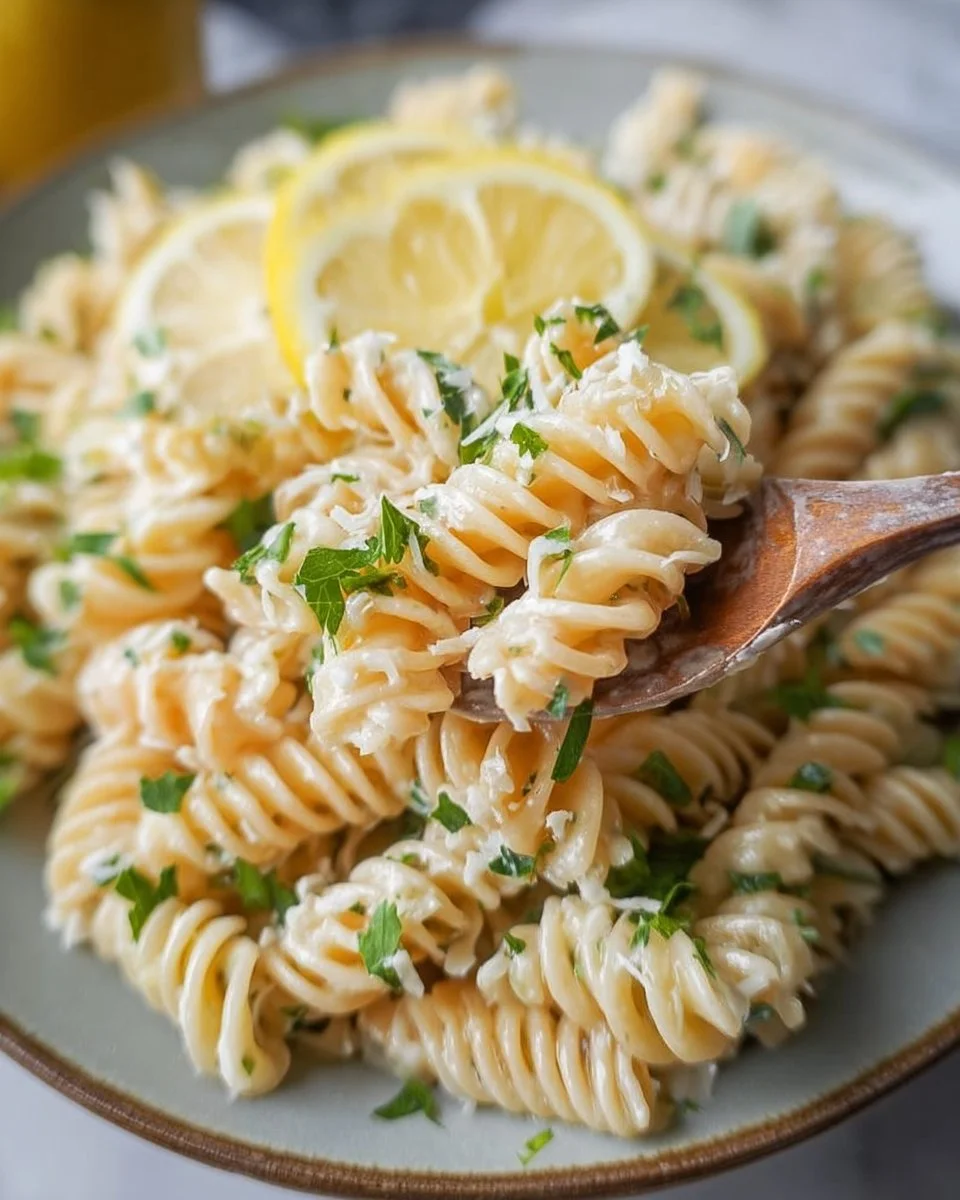 Bowl of fresh Lemon Parmesan Pasta Salad with herbs and lemon slices