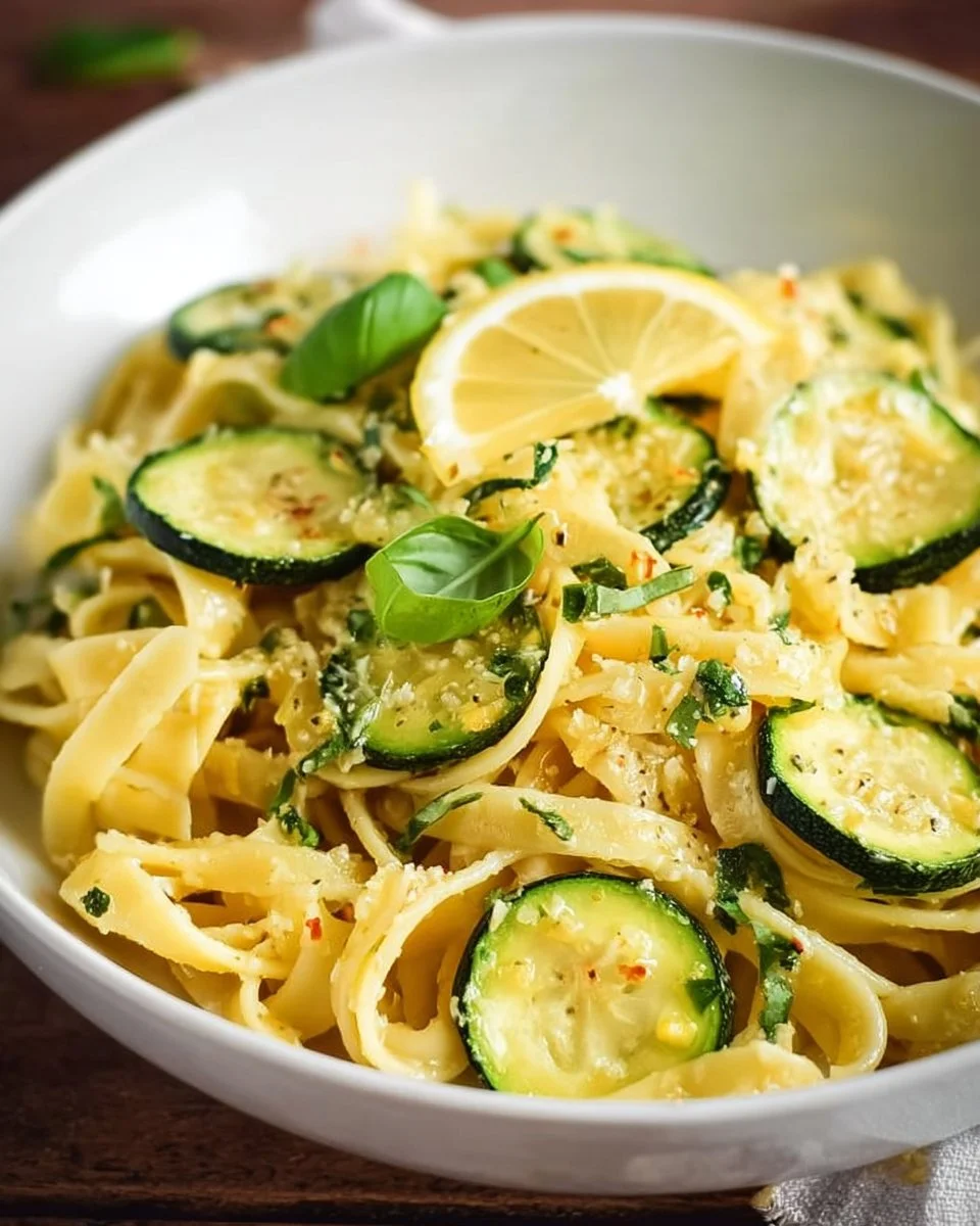 Lemon Zucchini Pasta garnished with fresh herbs and lemon zest.
