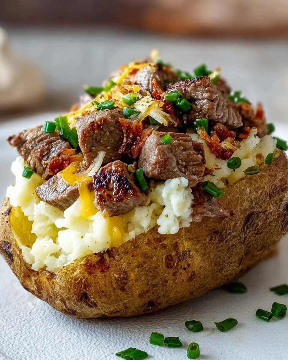 Loaded baked potato topped with steak bites and fresh toppings
