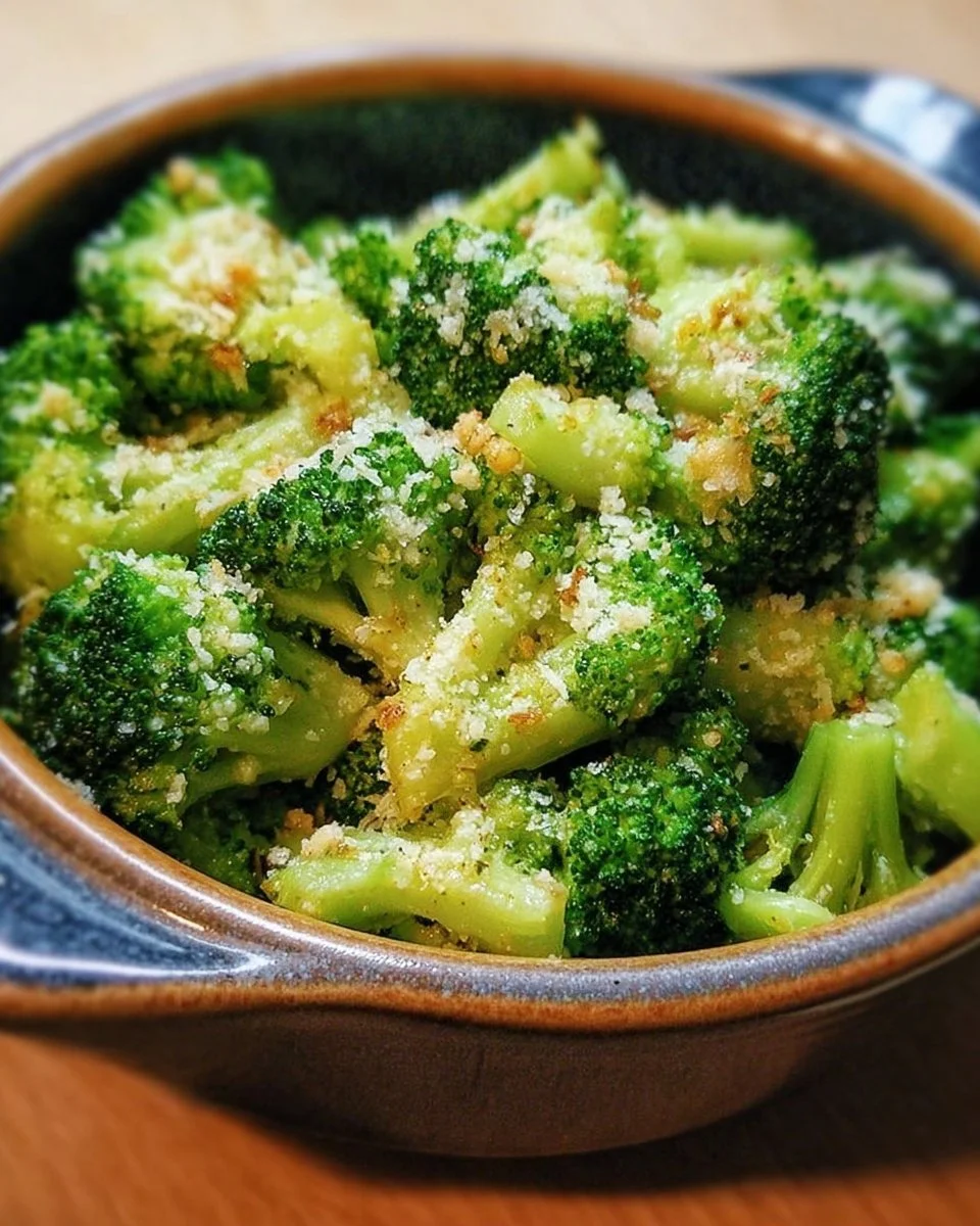Plate of Longhorn Garlic Parmesan Broccoli garnished with cheese and herbs