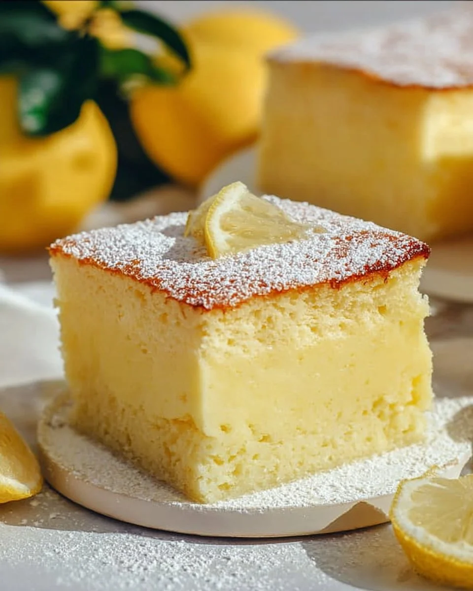 Slice of Magic Lemon Custard Cake with lemon garnish on a white plate