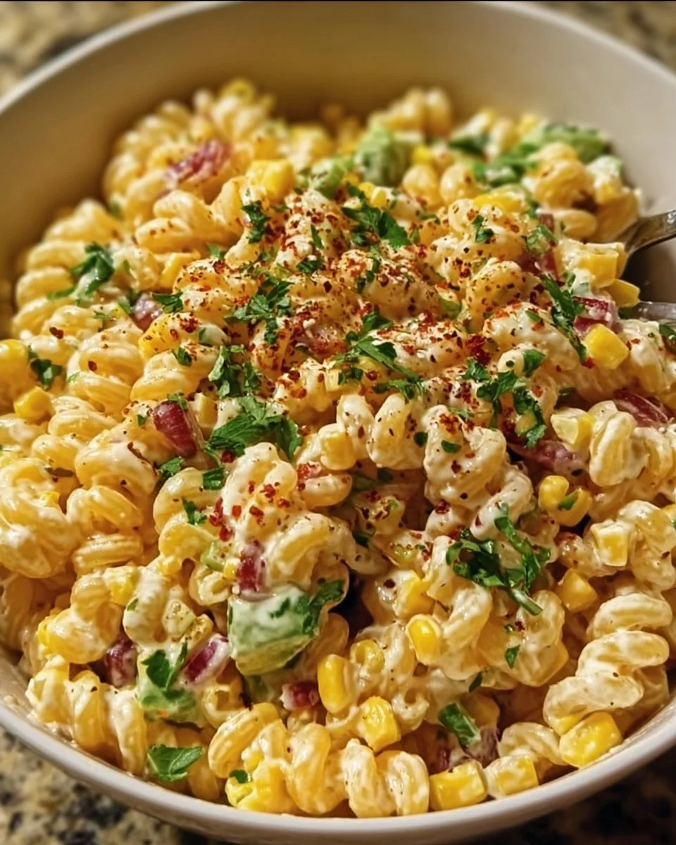Delicious Mexican street corn pasta salad topped with cheese and cilantro