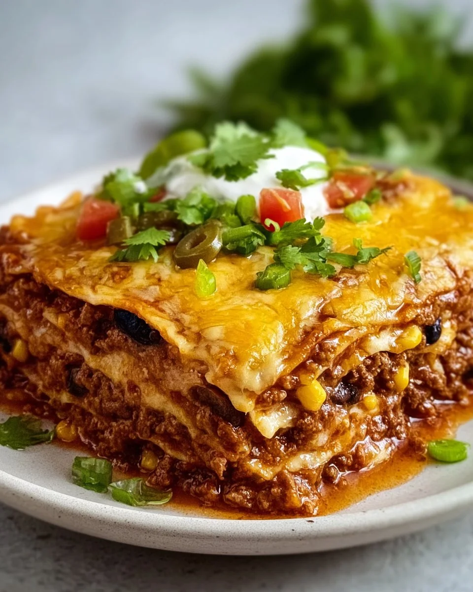 Delicious Mexican taco lasagna served with fresh toppings