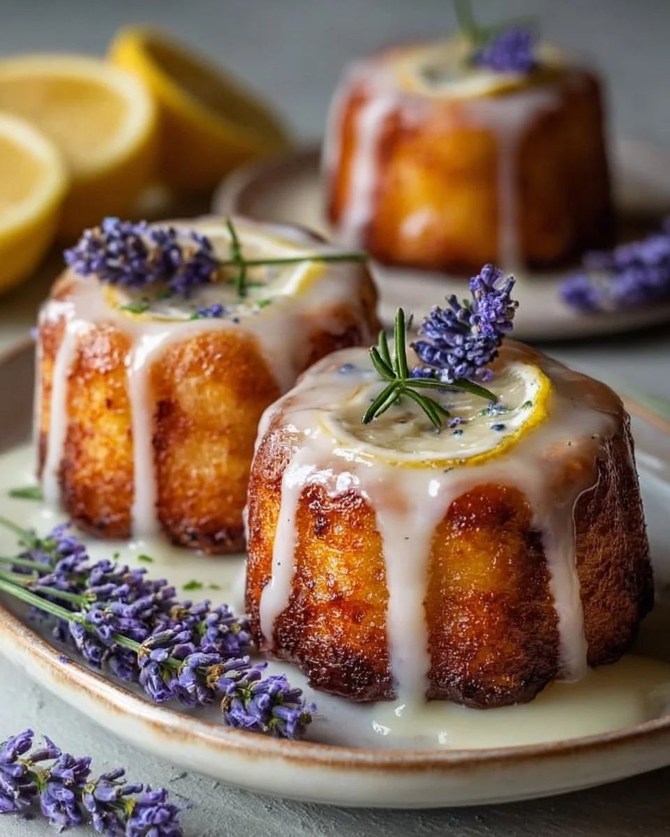 Mini lemon cakes drizzled with lavender glaze on a white plate