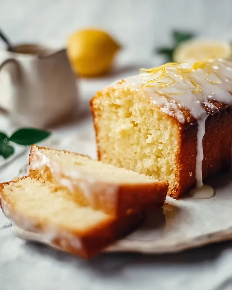 Moist zesty lemon loaf with lemon glaze on a wooden cutting board