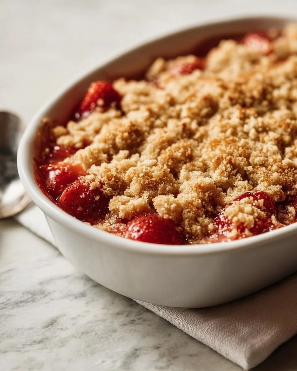 Old-fashioned strawberry rhubarb crisp topped with crunchy oatmeal and brown sugar