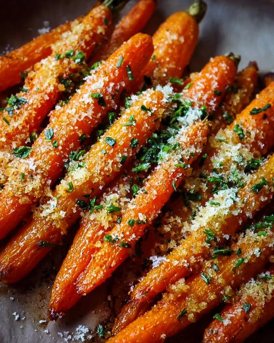 Savory Parmesan Garlic Roasted Carrots garnished with herbs