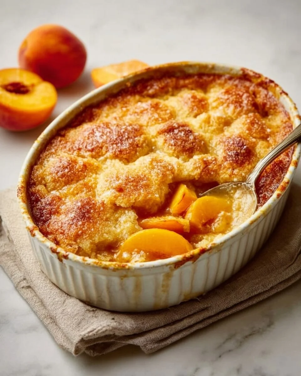 Delicious homemade peach cobbler recipe by Paula Deen with golden crust and fresh peaches.