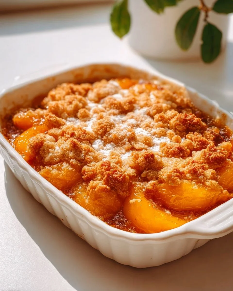 Freshly baked peach cobbler with golden crust and juicy peach filling