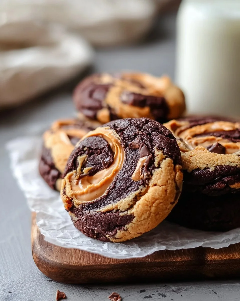 Delicious peanut butter brownie swirl cookies stacked on a plate