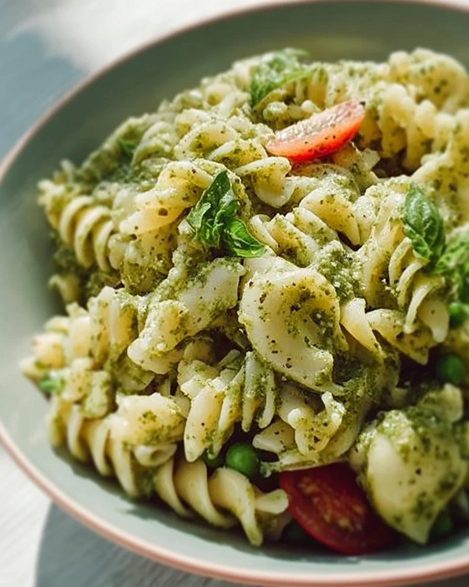 Delicious bowl of pesto pasta salad with fresh ingredients