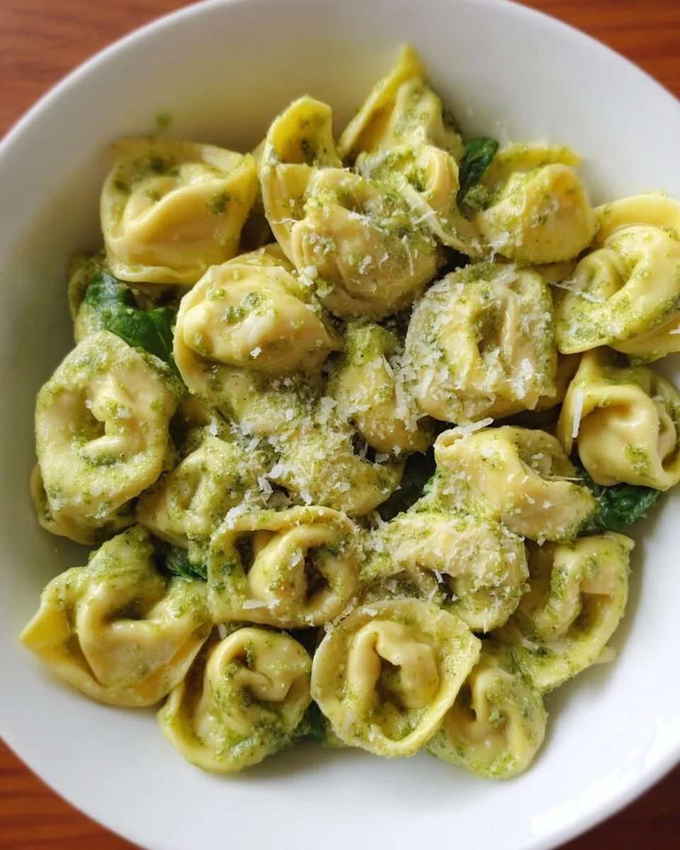 Delicious Pesto Tortellini served with fresh basil and parmesan cheese.