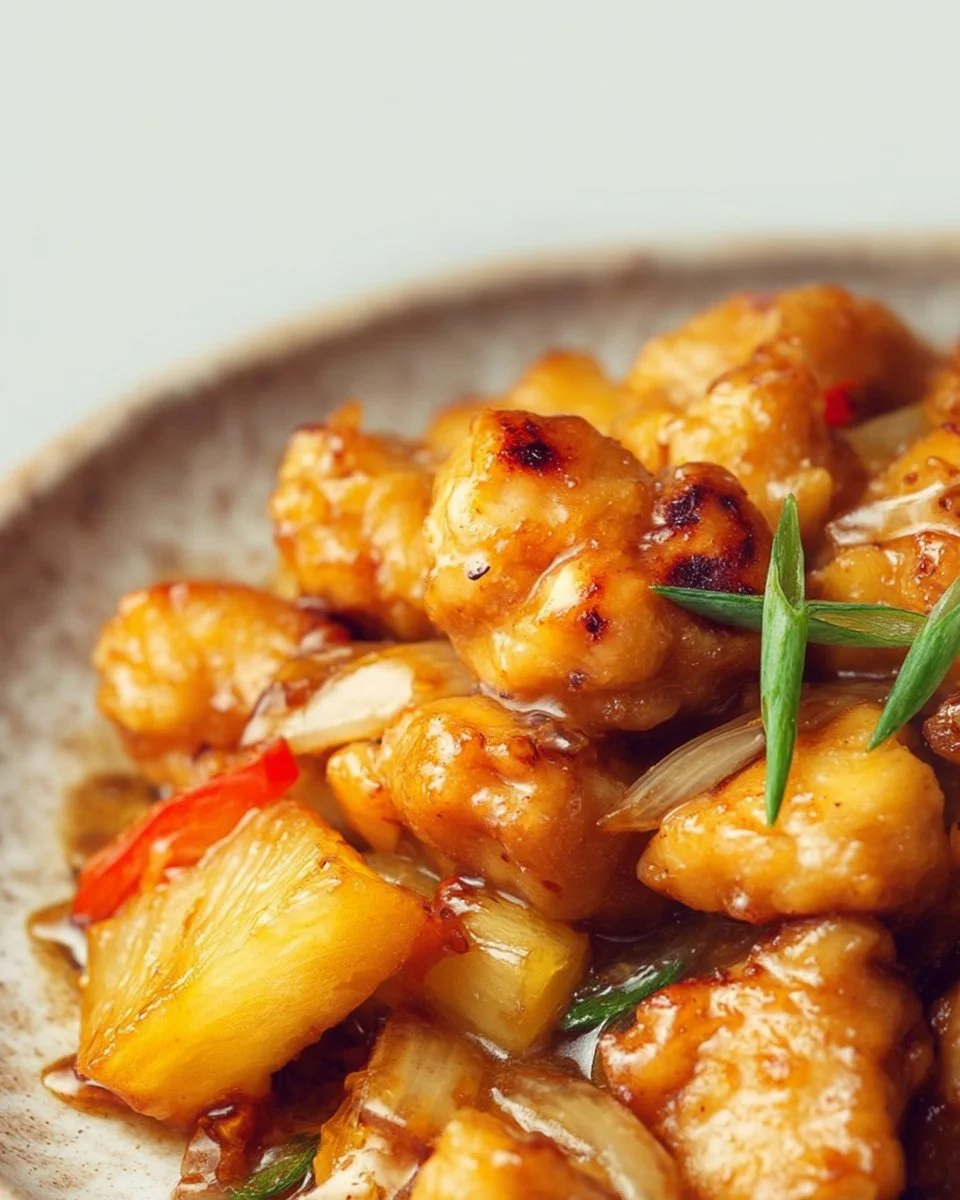 Delicious Pineapple Chicken served with vibrant vegetables and tropical flavors.