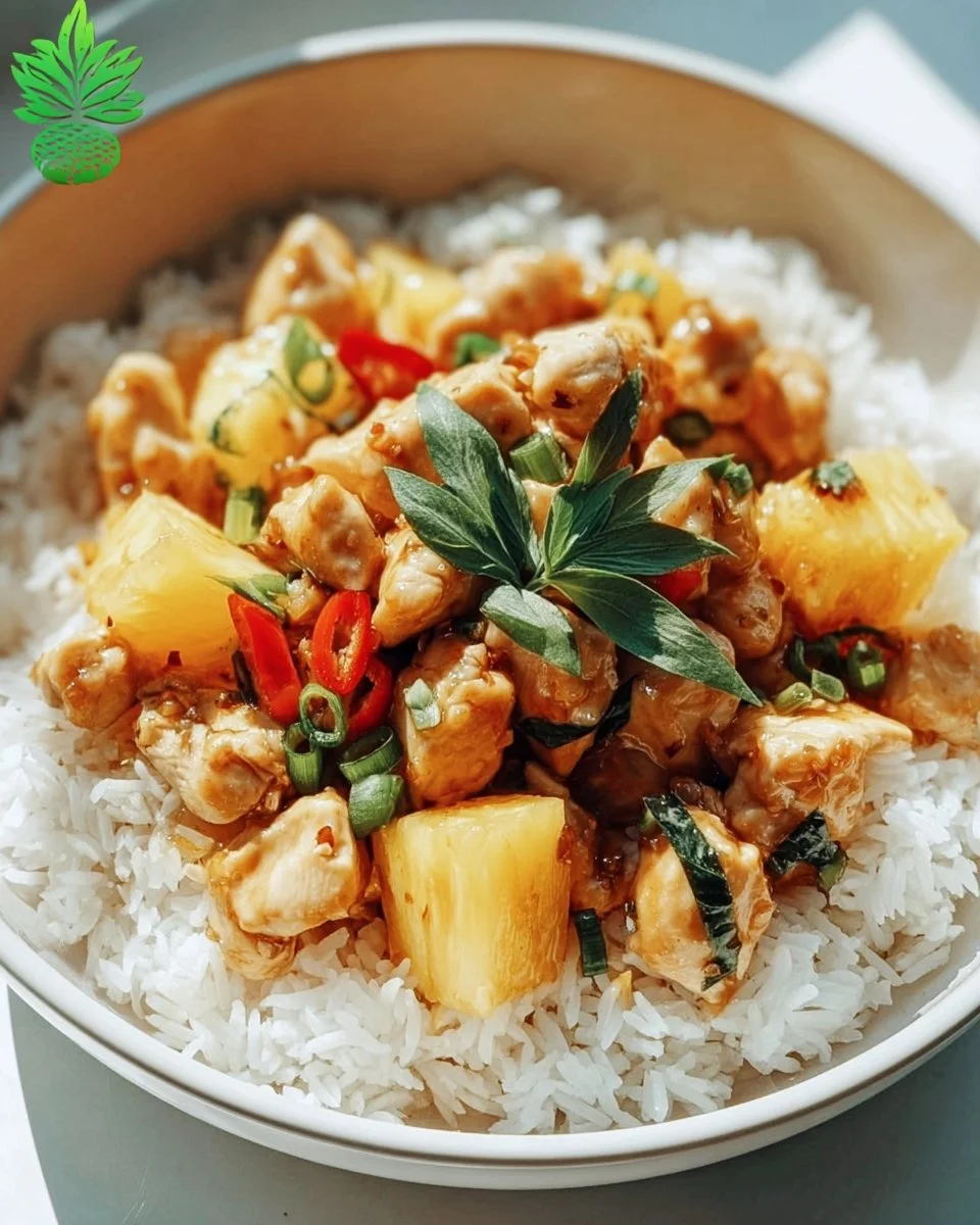 A plate of pineapple chicken and rice garnished with fresh herbs