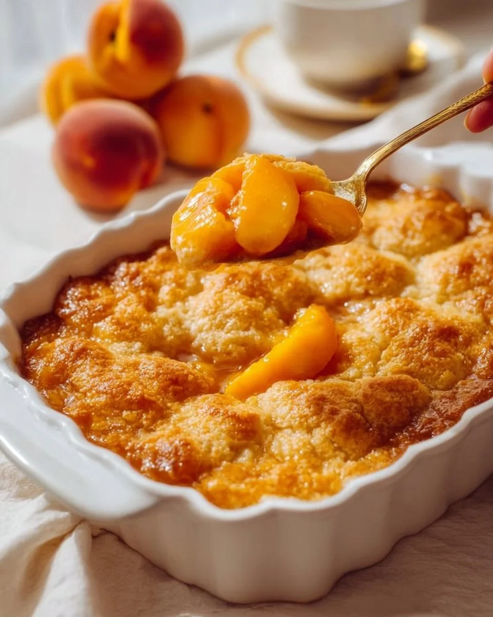 Delicious Pioneer Woman peach cobbler made with canned peaches, served warm.
