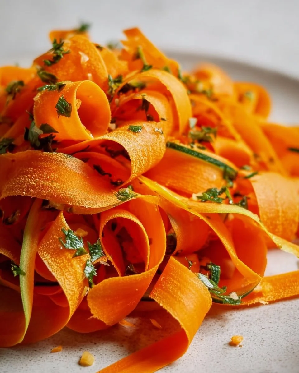 Vibrant Raw Carrot Ribbon Salad featuring colorful carrot ribbons and fresh herbs.