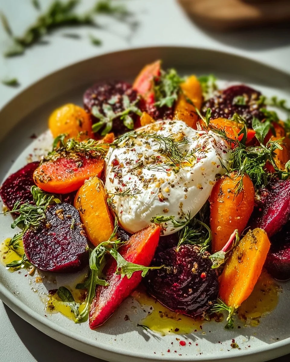 Roasted Beets Salad with Carrots and Burrata served in a bowl