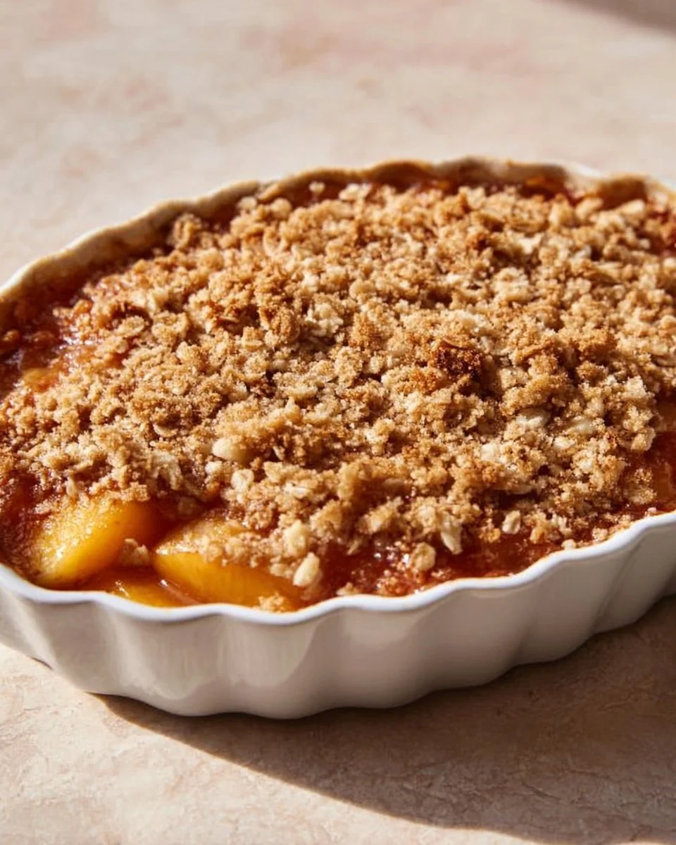 Delicious rustic peach crisp dessert served in a baking dish
