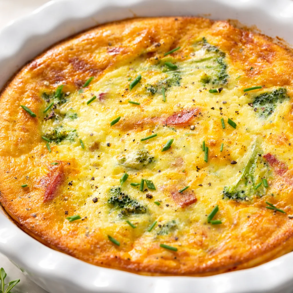 Delicious crustless quiche loaded with cheese and fresh vegetables baked to perfection.