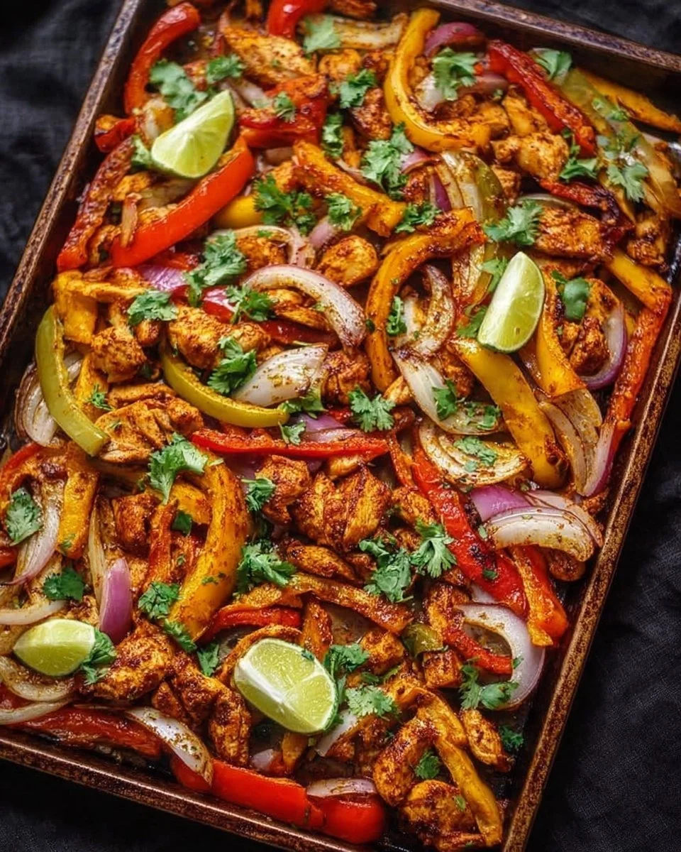 Sheet pan chicken fajitas with colorful bell peppers and onions