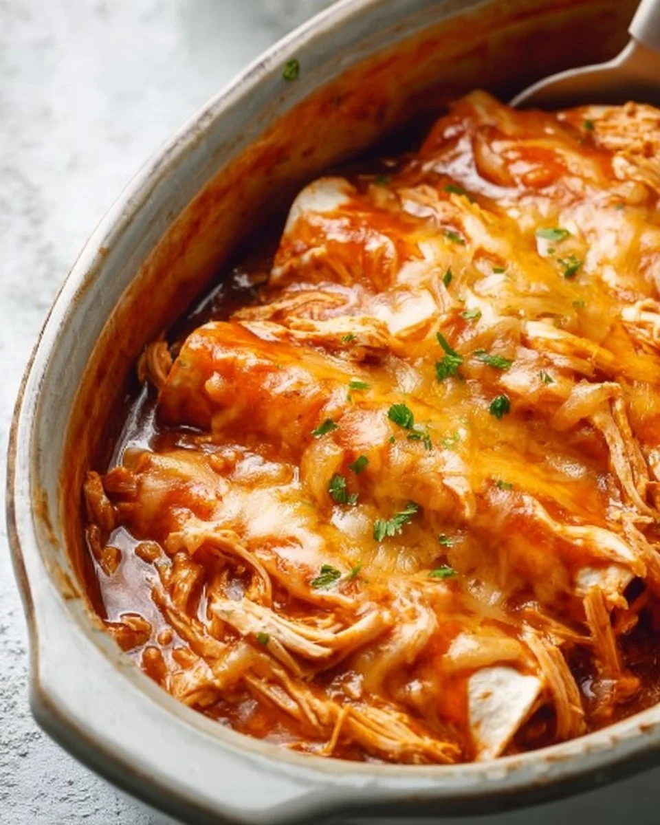 Slow cooked chicken enchiladas topped with cheese and fresh cilantro