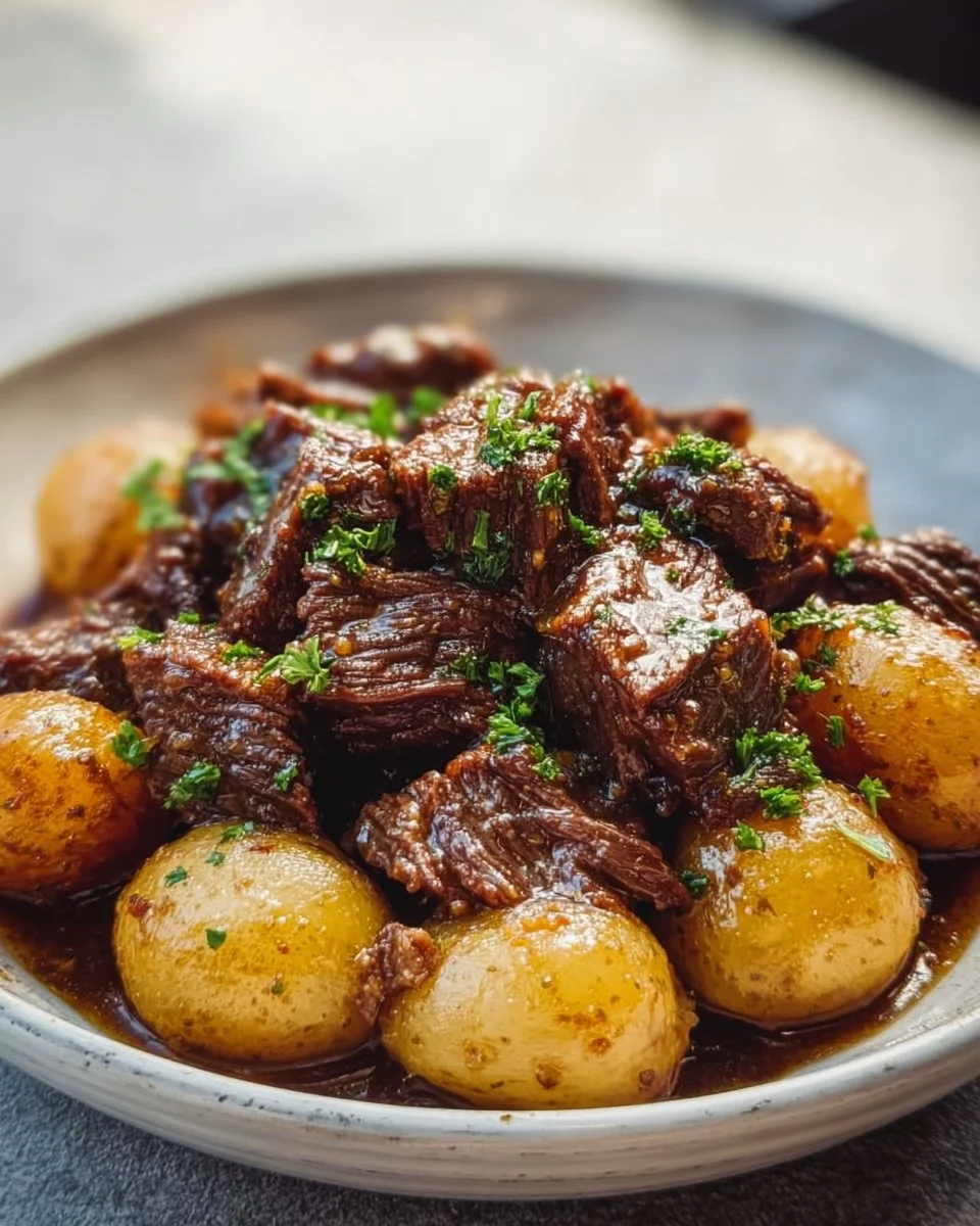 Slow cooker garlic butter beef with potatoes served in a bowl