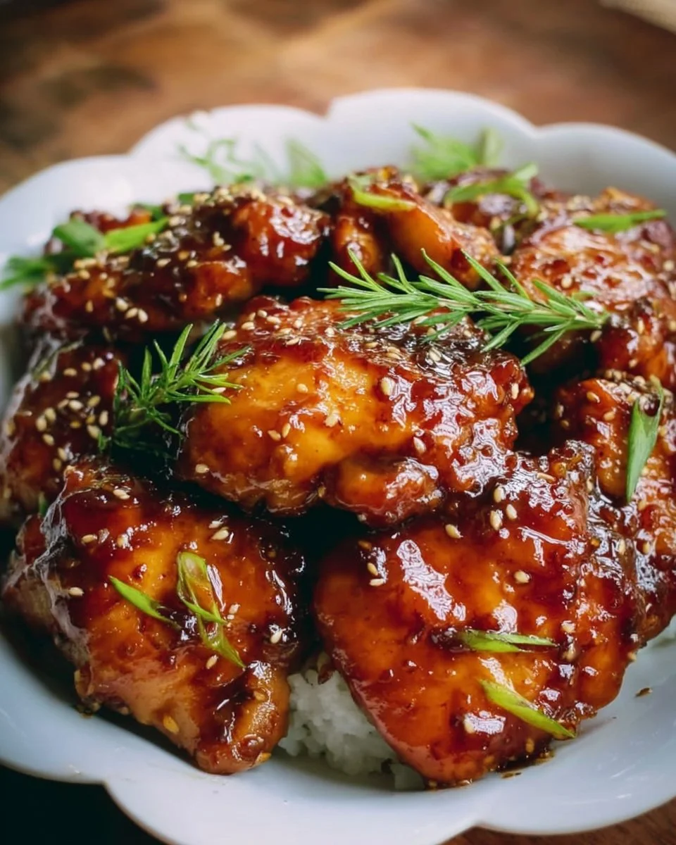 Slow Cooker Honey Garlic Chicken served with rice and vegetables