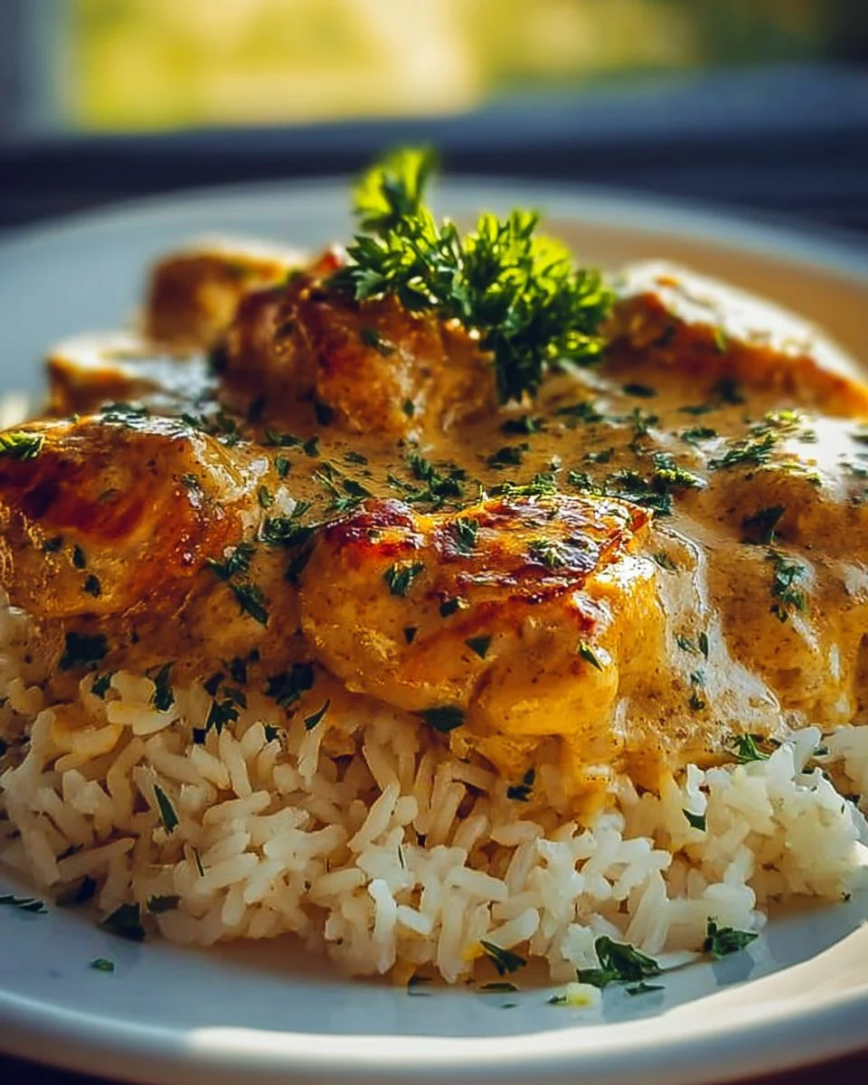 Delicious Smothered Chicken served over fluffy rice with rich gravy