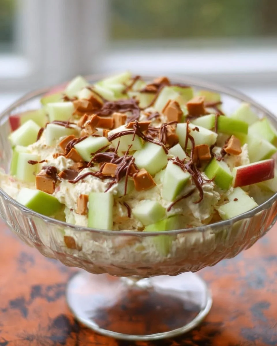 Delicious Snickers Apple Salad with apples, Snickers bars, and whipped cream
