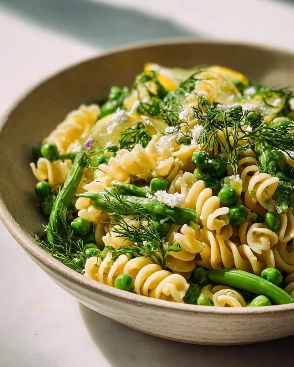 Spring herbed pea and lemon pasta salad in a bowl