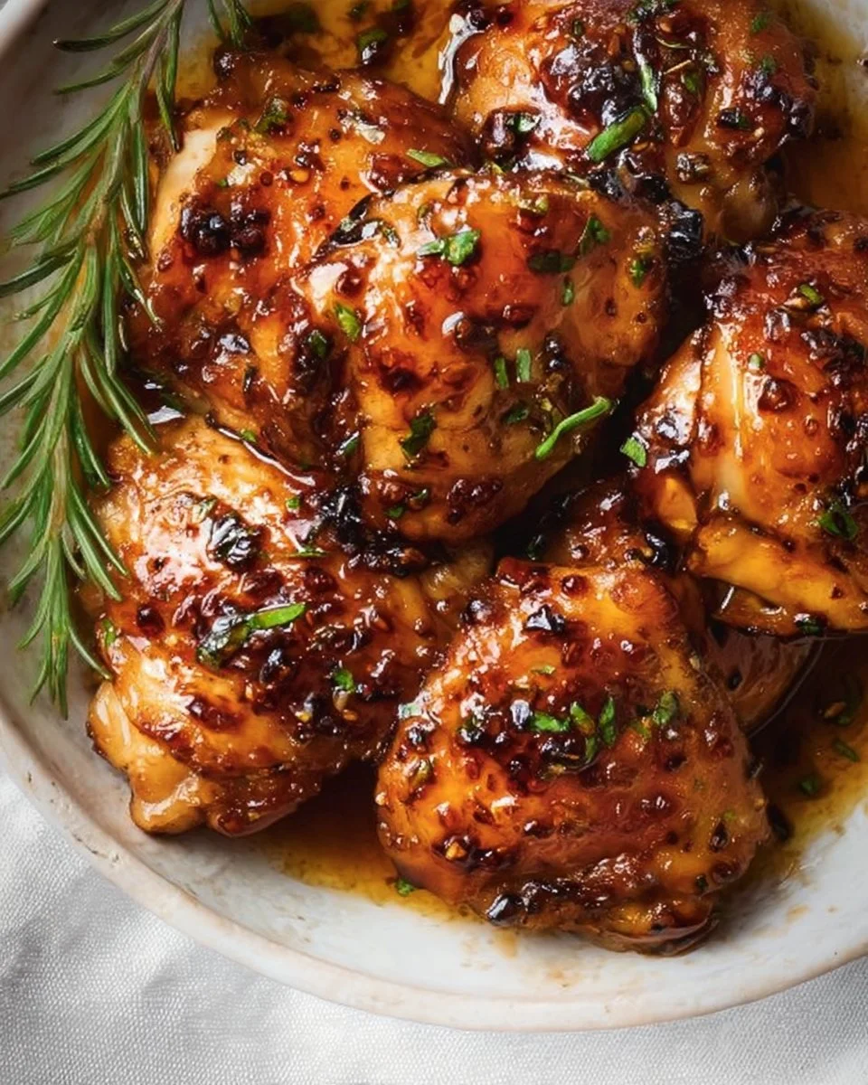 Sticky honey garlic chicken thighs garnished and ready to serve