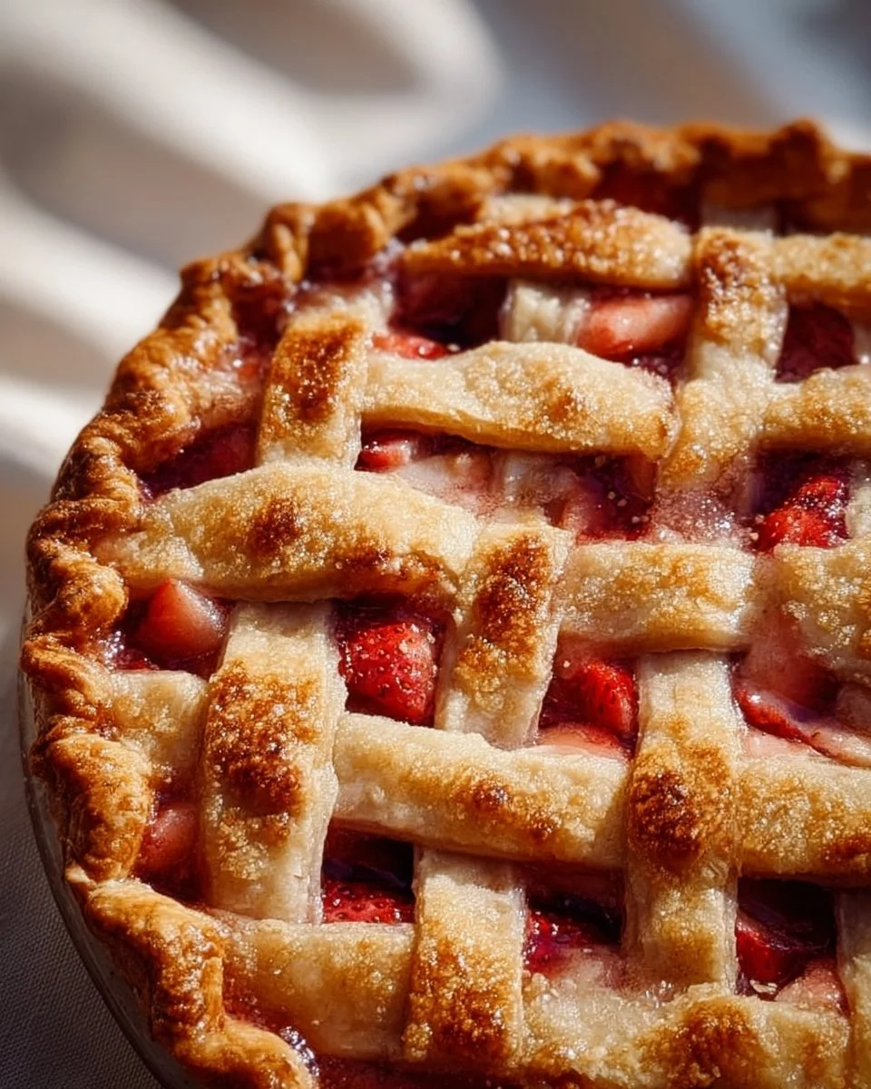 Slice of homemade Strawberry Rhubarb Pie with a flaky crust