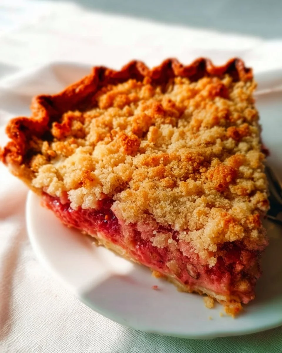 Delicious Strawberry Rhubarb Pie topped with streusel crumb topping on a plate.