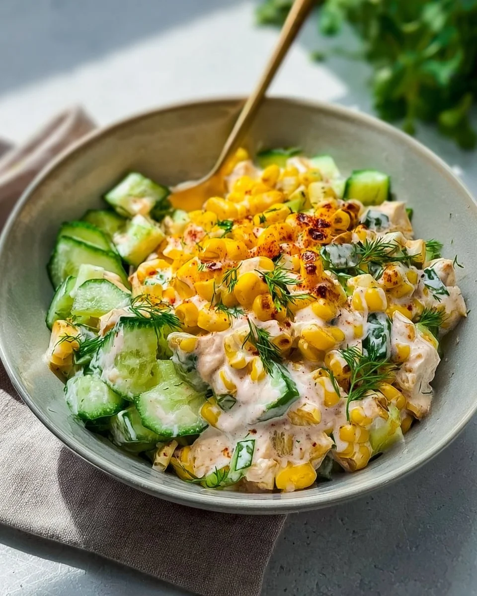 Street Corn Creamy Cucumber Chicken Salad served in a bowl