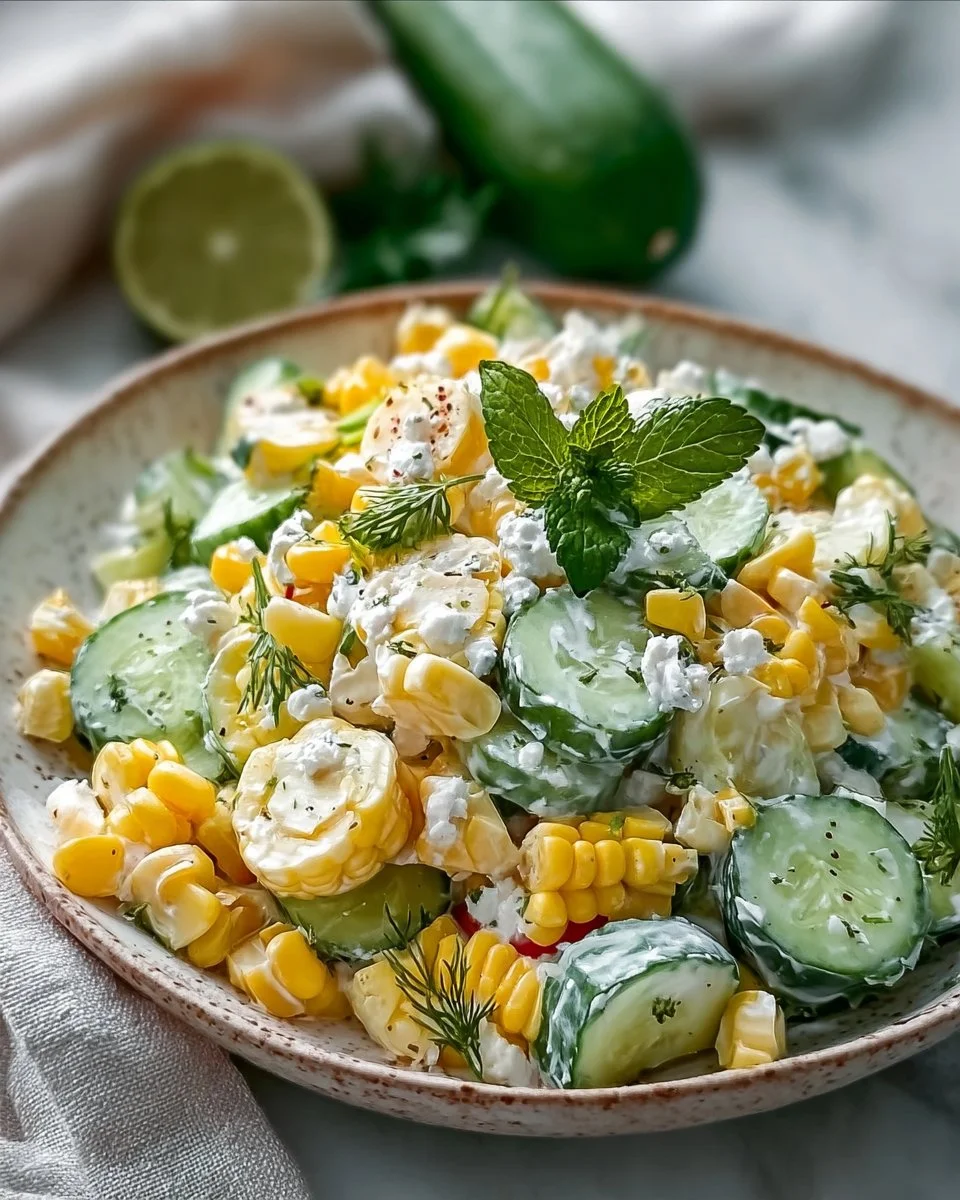 Street Corn Creamy Cucumber Salad with vibrant colors and fresh ingredients.